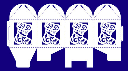 Openwork box with a lace ornament. Vector bonbonniere for baptism, party, christmas. Laser cutting template. Silhouette of Xmas decoration sock. Cube gift framework to print, cut and fold.
