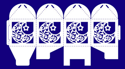 Openwork box with a lace ornament. Vector bonbonniere for baptism, party, christmas. Laser cutting template. Silhouette of Xmas decoration crescent. Cube gift framework to print, cut and fold.