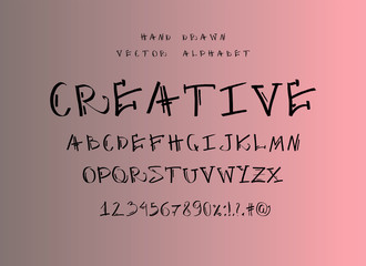 Careless handwritten font. Drawn with felt-tip pen letters, numbers and signs. Vector illustration