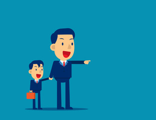 Experienced business person pointing to direction success. advice. Business consultant concept, Cute cartoon vector illustration design