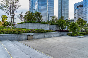 empty brick floor with cityscape and skyline.