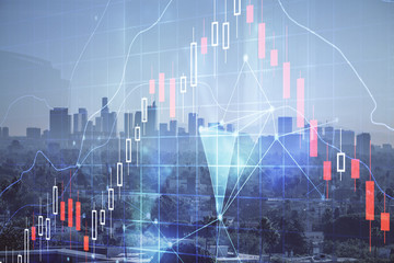 Forex chart on cityscape with skyscrapers wallpaper multi exposure. Financial research concept.