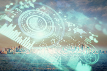 Double exposure of business theme hologram drawing and city veiw background. Concept of success.