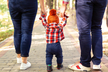 Mom and Dad are leading their little son by the arms in the park and walking. Back view