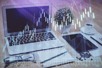 Multi exposure of forex chart and work space with computer. Concept of international online trading.