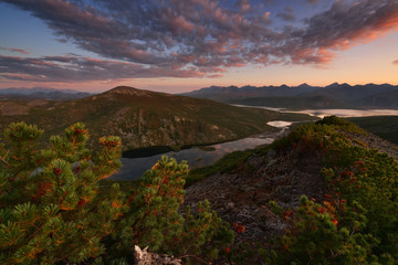 Sunrise in the mountains, Magadan region, Kolyma, Jack London lake