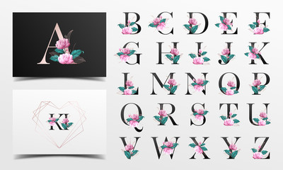 Beautiful alphabet collection with floralwatercolor decoration
