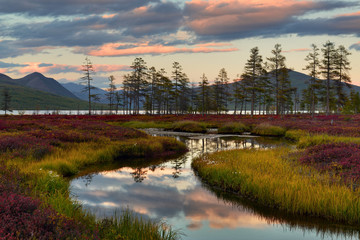 Naklejka premium Sunset over the lake, Magadan region, Kolyma, Jack London lake