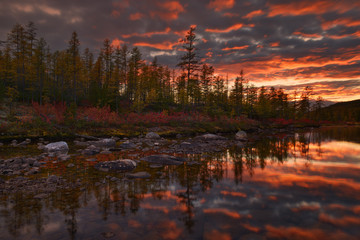 Naklejka na ściany i meble Sunset over the lake, Magadan region, Kolyma, Jack London lake