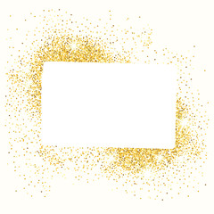 Gold frame. Golden sand around the business card for your text. Confetti, dust spray. Bright sequins. Vector illustration flat design. Gilded abstract particles. Posters and flyers.