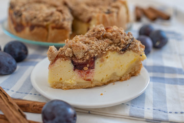 Fresh plum cheesecake with cinnamon and almond crumble