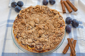 Fresh plum cheesecake with cinnamon and almond crumble