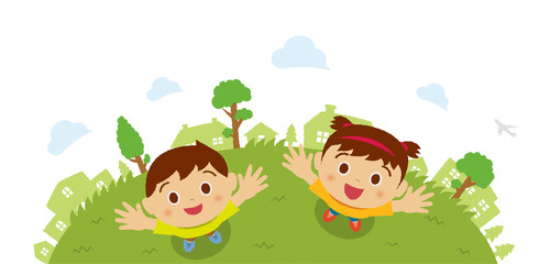 Kids (children / boy and girl) looking up into the sky (bird's eye view). Vector cartoon illustration. 