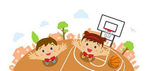 Kids (children / boy and girl) looking up into the sky (wearing basketball uniform). Vector cartoon illustration. Basketball court background  (bird's eye view).