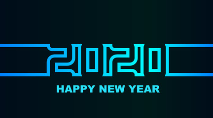 Year 2020 - simple greeting card, invitation, flyer, poster or design element - cold cyan-bluish-blue neon outline - vector