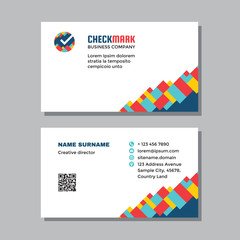 Business visit card template with logo - concept design. Check mark branding symbol. Time clock watch sign. Vector illustration. 