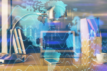 Financial graph colorful drawing and table with computer on background. Double exposure. Concept of international markets.