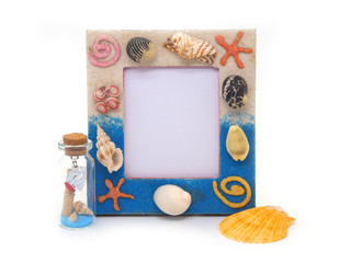  Blue picture frame  sea shell isolated on white background..