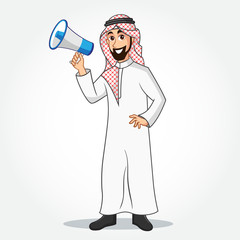 Arabic Businessman cartoon Character in traditional clothes holding a megaphone isolated on white background