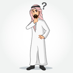 Arabic Businessman cartoon Character in traditional clothes thinking with Question mark icon isolated on white background