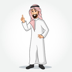 Arabic Businessman cartoon Character in traditional clothes pointing up index finger gesture to copy space isolated on white background