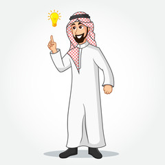 Arabic Businessman cartoon Character in traditional clothes pointing up to the bright idea bulb as a symbol of having an idea. isolated on white background