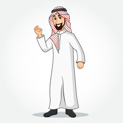 Arabic Businessman cartoon Character in traditional clothes showing OKAY/OK sign gesturing hand isolated on white background