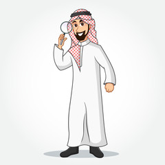 Arabic Businessman cartoon Character in traditional clothes holding a magnifying glass isolated on white background