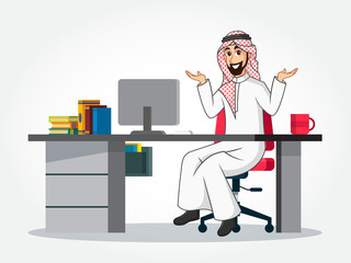 Arabic Businessman cartoon Character in traditional clothes sitting at his desk, spreading his hands to the sides showing or presenting something isolated on white background