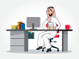 Arabic Businessman cartoon Character in traditional clothes sitting at his desk, holding a clipboard isolated on white background