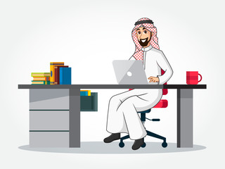 Arabic Businessman cartoon Character in traditional clothes sitting at his desk with laptop isolated on white background