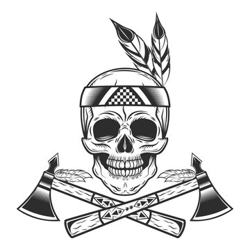 Skull of american indian tribe with tomahawk logo. Vector illustration in monochrome style