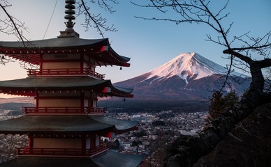 De rode Chureito-pagode in Japan, met Fujiyama (Mount Fuji)