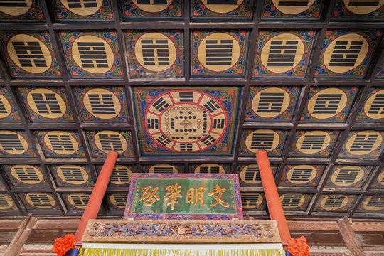 Bagua or Pa Kua patterns depicted on wooden ceiling of Taiji Hall in Fuxi Temple, Tianshui, Gansu, China. Characters on tablet means the pioneer of civilization, devoted to Fuxi. National heritage.