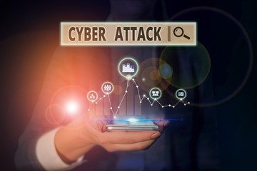 Word writing text Cyber Attack. Business photo showcasing attempt by hackers to damage or destroy a computer network Woman wear formal work suit presenting presentation using smart device