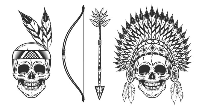 Set of skull in indian headwear in monochrome style. Vector illustration