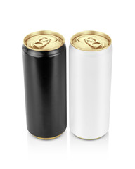 black and white tin can with golden top for drink beverage product design mock-up