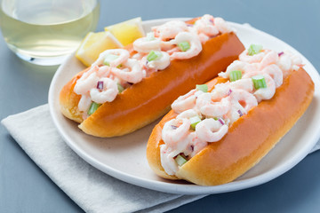 Shrimp rolls with hot dog brioche bun and shrimp salad,  horizontal