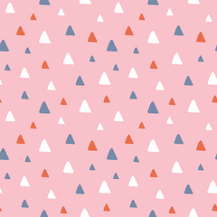 Sweet vector seamless repeat pattern of hand drawn triangles in pink, orange, white and grey. A fun random repeat design background.
