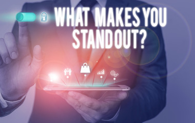 Text sign showing What Makes You Stand Out Question. Business photo text asking someone about his...