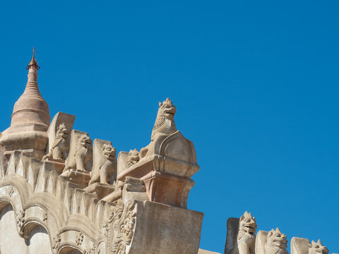 At Ananda Temple, Myanmar. Statue of Chinthe or Leogryph, decorated on the roof. Chinthe or Singha always seen in temples in Myanmar as guardian.