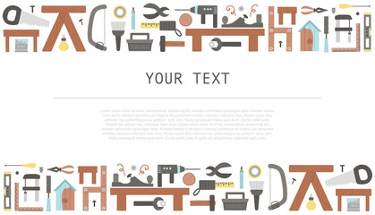 Vector banner with tools. Flat colored illustration with building, carpenter equipment for card, poster or flyer design. Woodwork, repair service or craft workshop concept.