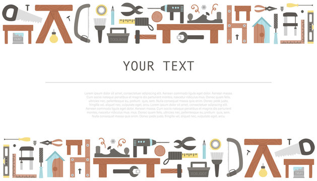 Vector banner with tools. Flat colored illustration with building, carpenter equipment for card, poster or flyer design. Woodwork, repair service or craft workshop concept.