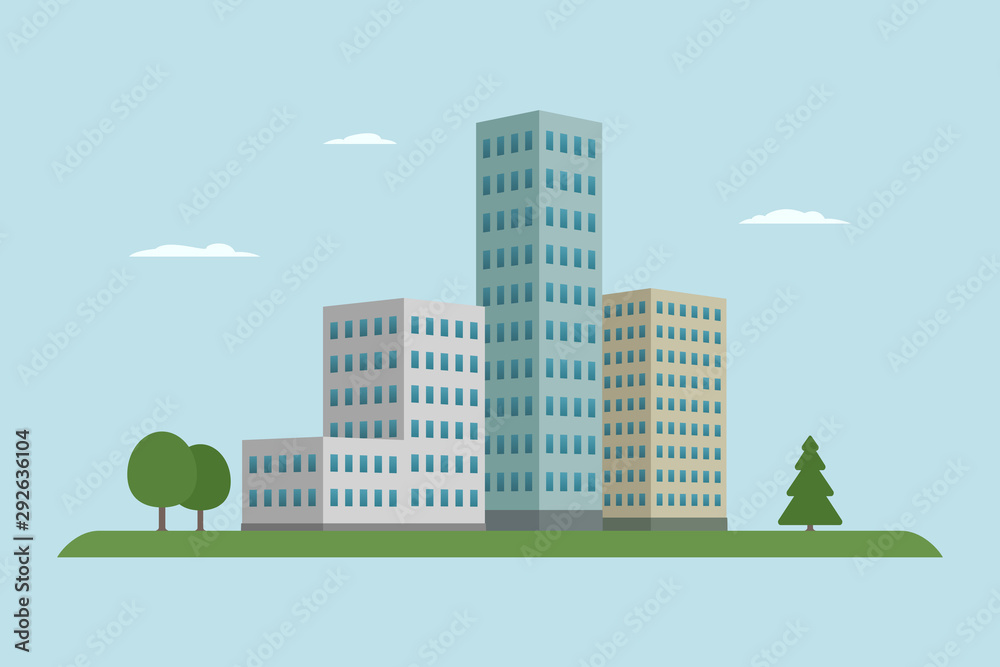 Poster Business center buildings. Cartoon style. Vector illustration.