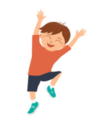 Vector smiling boy jumping with joy and happiness with his hands up. Joyful, delighted, happy kid character. Hilarious child picture for children’s design. Flat funny illustration of good mood.