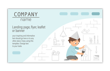 Flyer, card, banner or landing page template for building, repairing service company or craft masterclass website.  Vector flat illustration of a man painting a nestling box on workshop background. 
