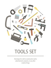 Vector tools set framed in circle. Flat colored illustration with building, carpenter equipment for card, poster or flyer design. Woodwork, repair service or craft workshop concept.