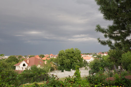 Urban landscape and dark trees.