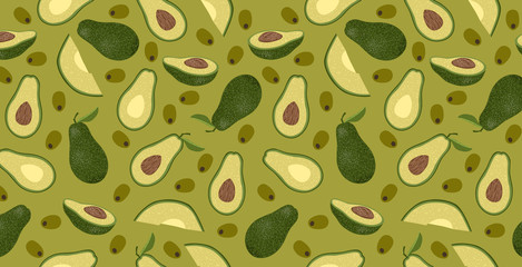Vector horizontal seamless pattern with avocado - half, slice, whole and sliced . Cartoon hand draw flat illustration
