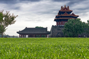 View of the tower of the Imperial palace in cloudy weather, Beijing China